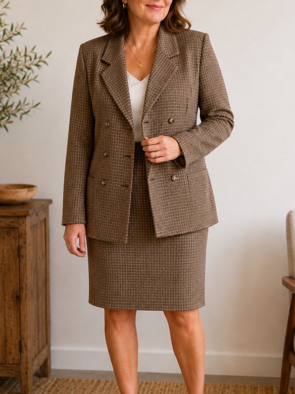 Vintage 90s Suit Set Blazer Pencil Skirt Womens 14P Brown Plaid Wool Blend EUC